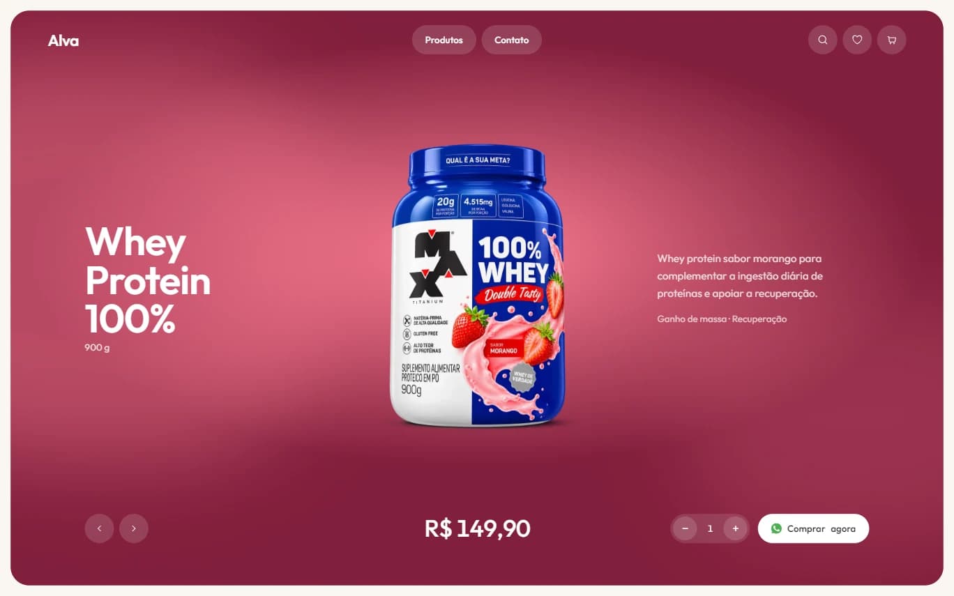 Alva, site completo: página de produto com navegação, preço e compra pelo WhatsApp